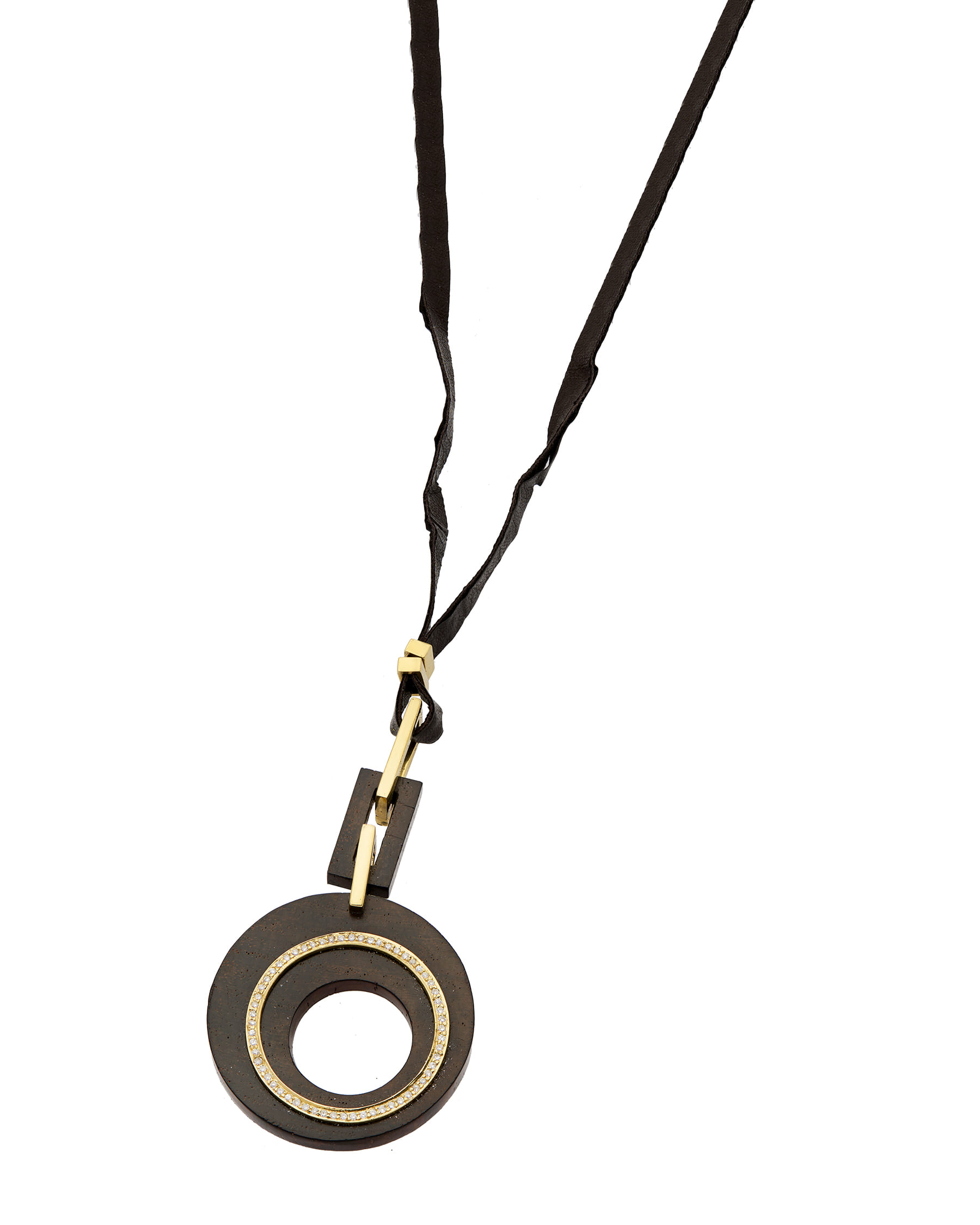 Collana di design con pendente rotondo in legno, oro giallo e diamanti e laccio in pelle-1