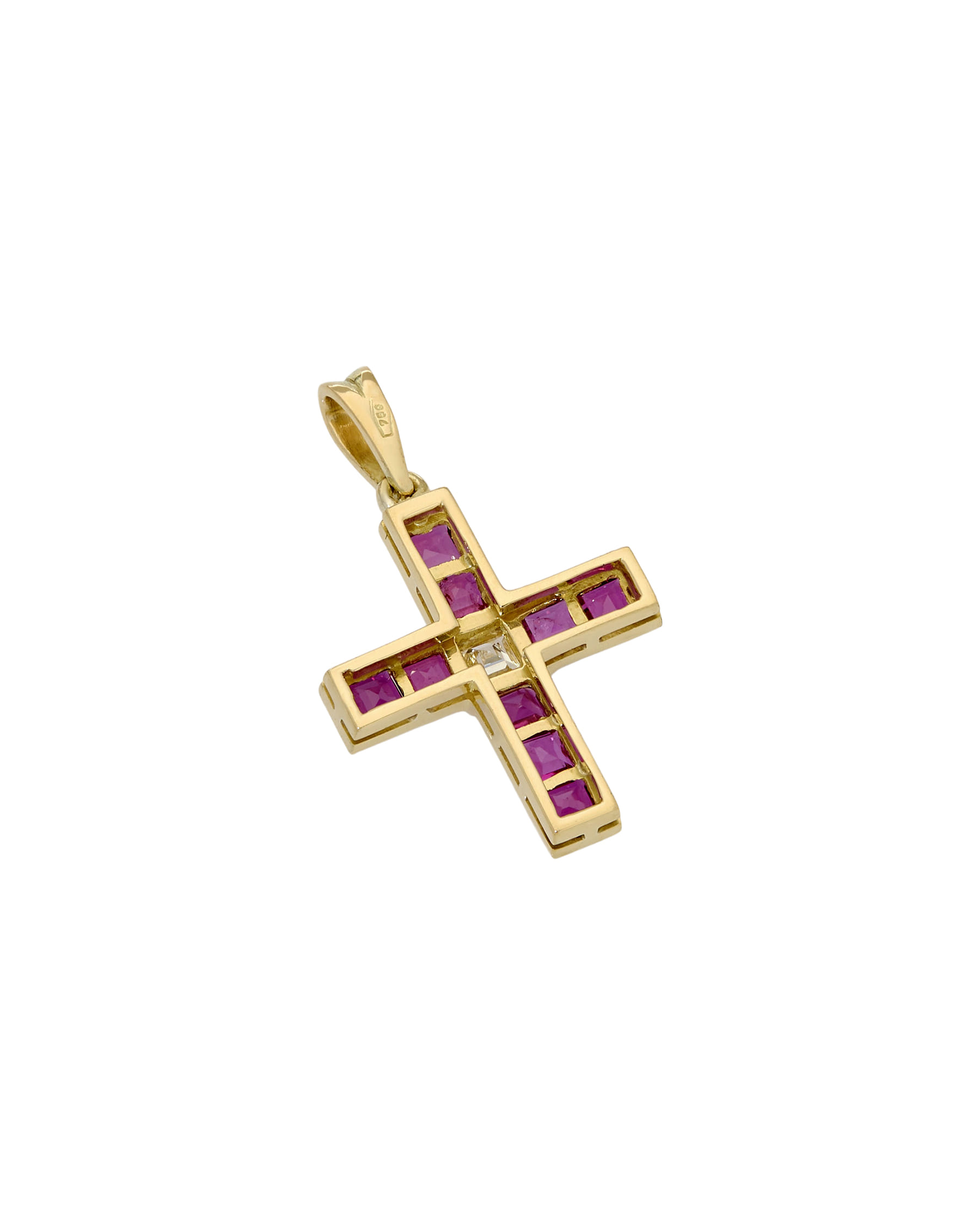 Ciondolo croce in oro giallo con rubini e diamante-2