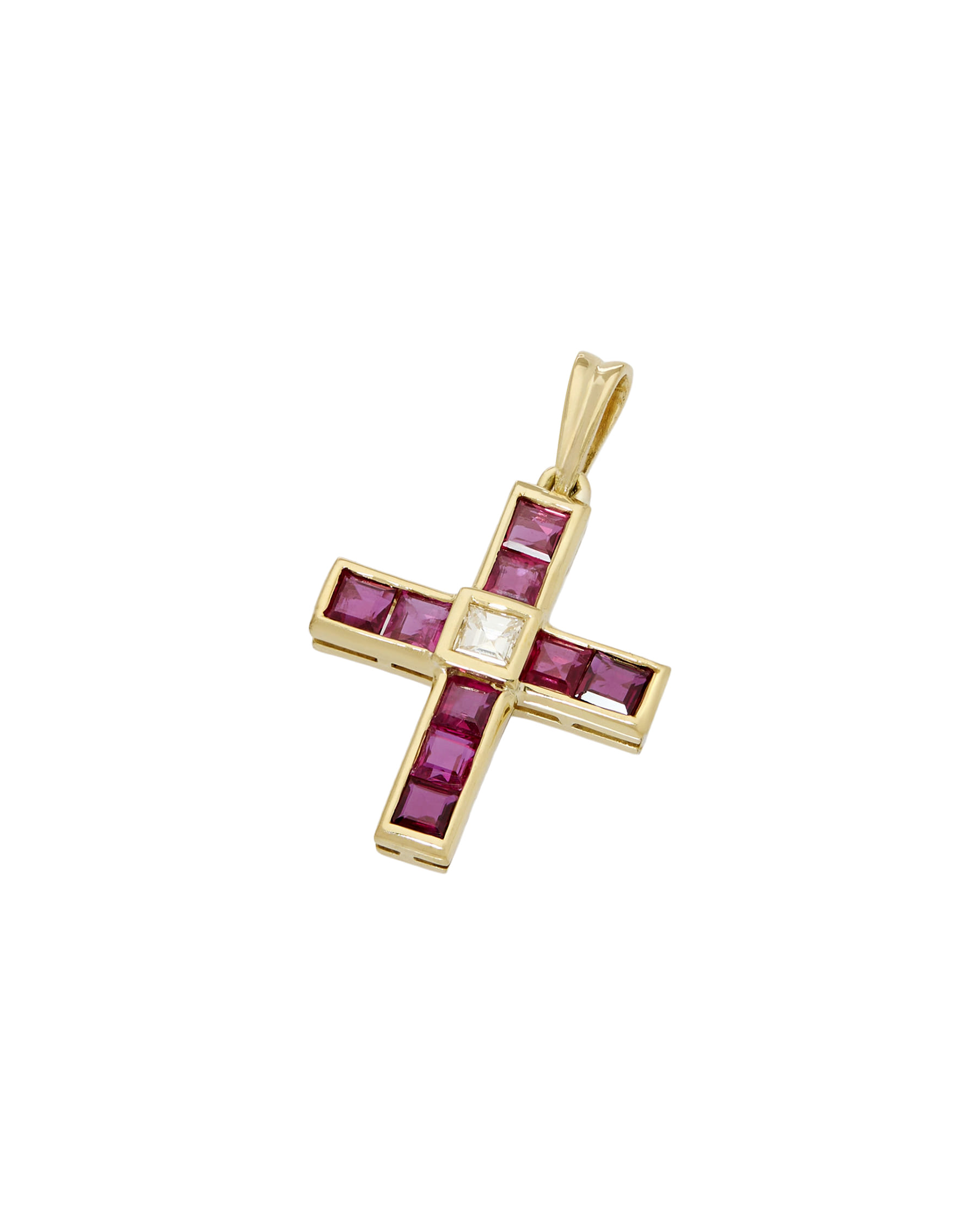 Ciondolo croce in oro giallo con rubini e diamante-1