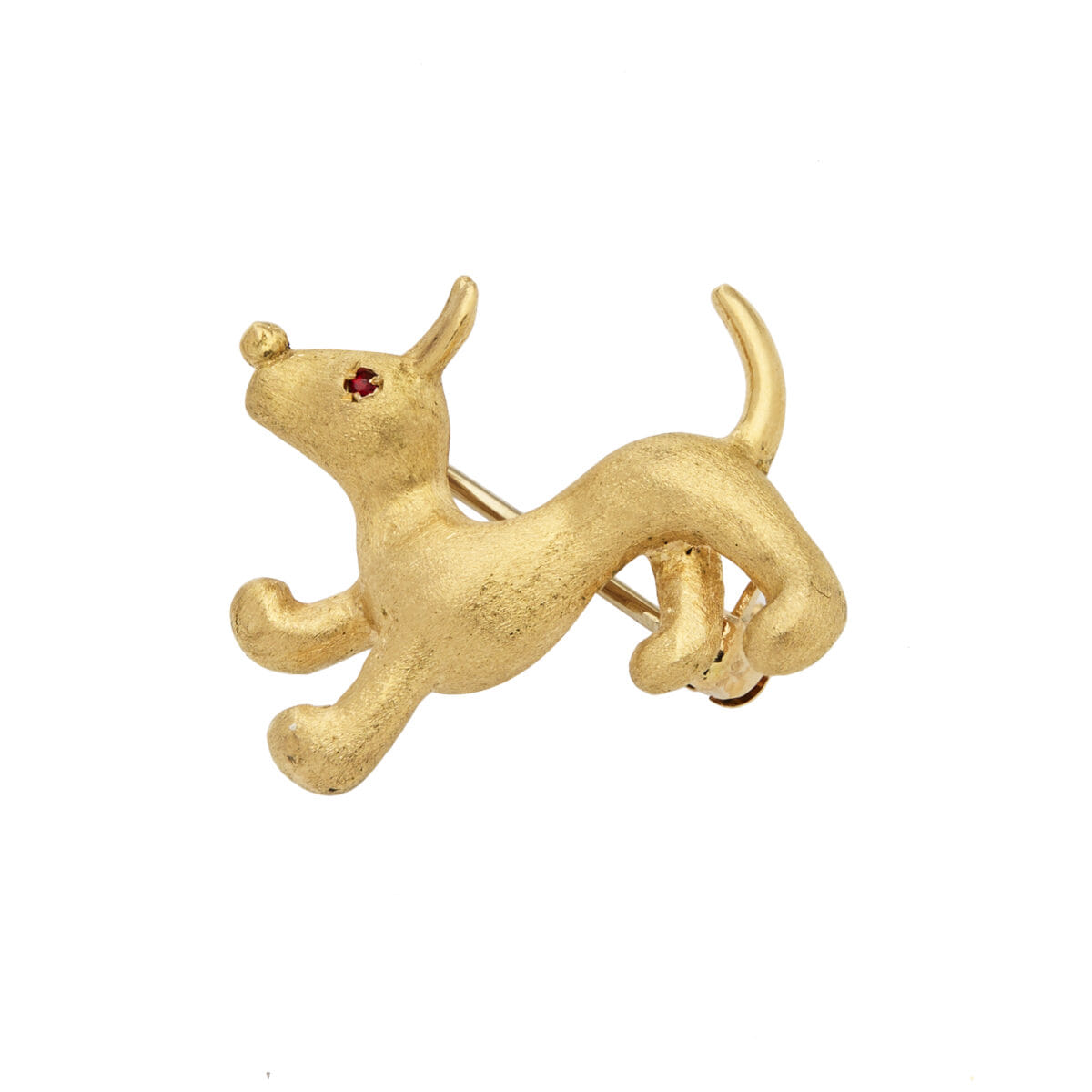 Spilla vintage cucciolo in oro giallo satinato con rubino-1