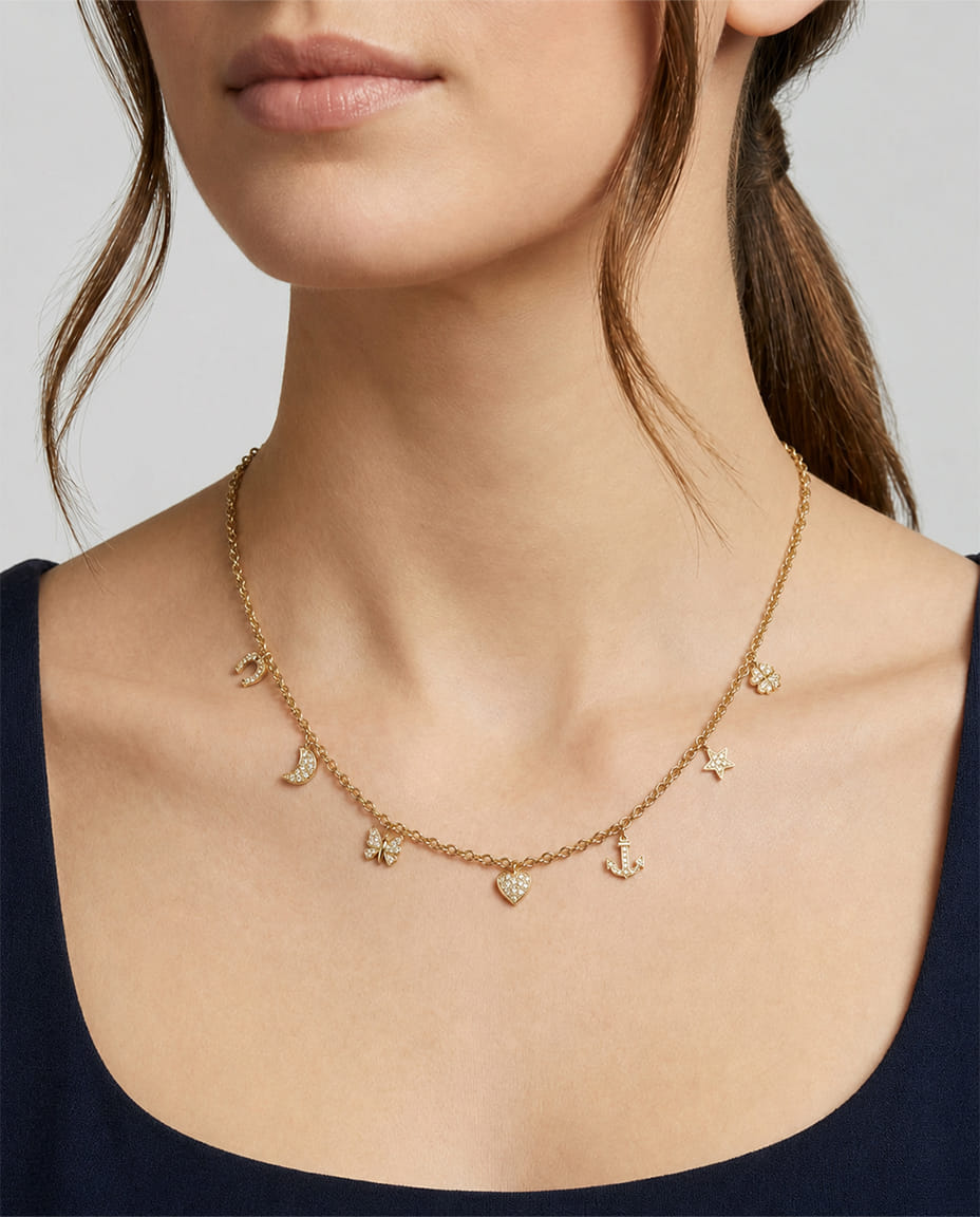 Collana in oro giallo e diamanti con ciondoli porta fortuna-3