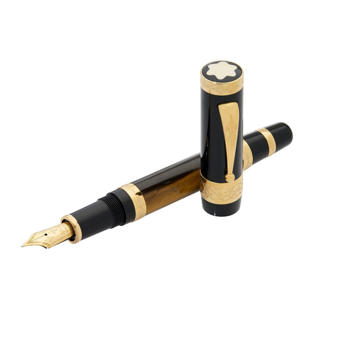 Penna montblanc limited edition francois i in resina, oro placcato e quarzo occhio di tigre-1