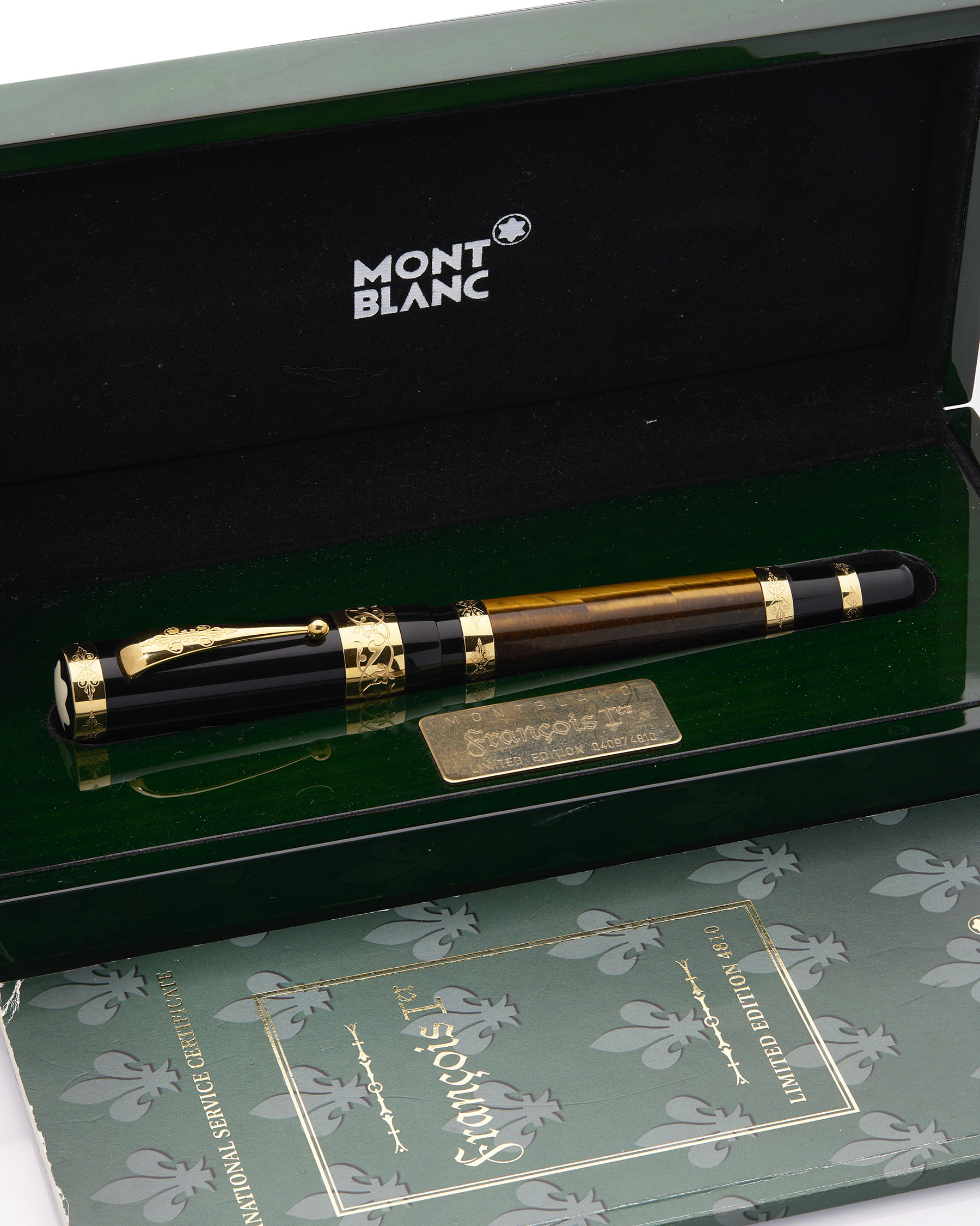 Penna montblanc limited edition francois i in resina, oro placcato e quarzo occhio di tigre-3